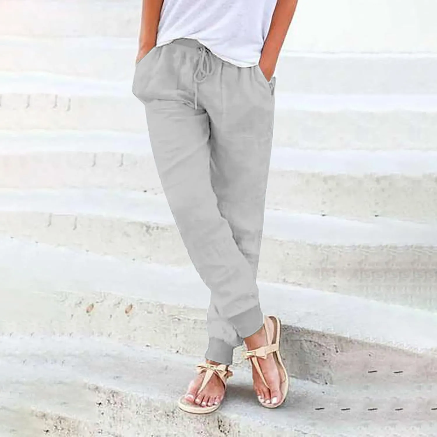 Women Linen Pants Drawstring Elastic Waist Summer Casual Beach Pants with Pockets Wide Leg Palazzo Trouser for Vacation