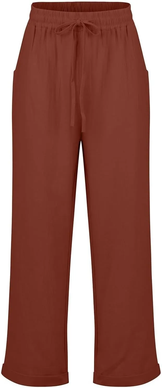 Women Linen Pants Summer Drawstring High Waisted Straight Leg Cotton Pants Casual Comfy Beach Trouser with Pockets