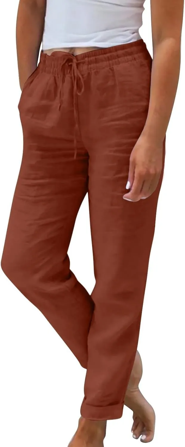 Women Linen Pants Summer Drawstring High Waisted Straight Leg Cotton Pants Casual Comfy Beach Trouser with Pockets