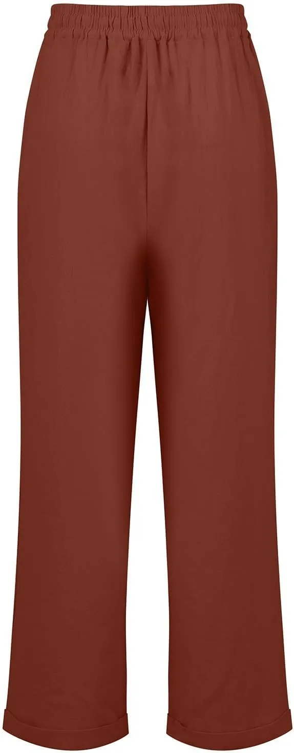 Women Linen Pants Summer Drawstring High Waisted Straight Leg Cotton Pants Casual Comfy Beach Trouser with Pockets