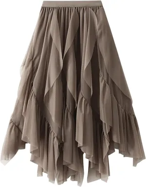 Women Ruffles A Line Pleated Skirt High Elastic Waist Tulle Midi Skirt Mesh Irregular Hem Lace Skirt