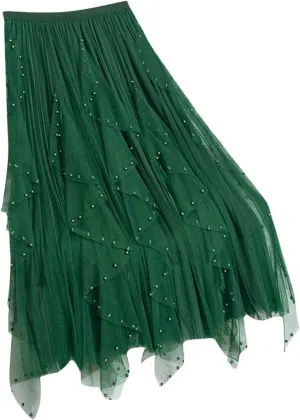Women Ruffles Layered Mesh Tulle Skirts Ball Gown Puffy Elastic Flare Solid Long Skirt Cute Half Dress