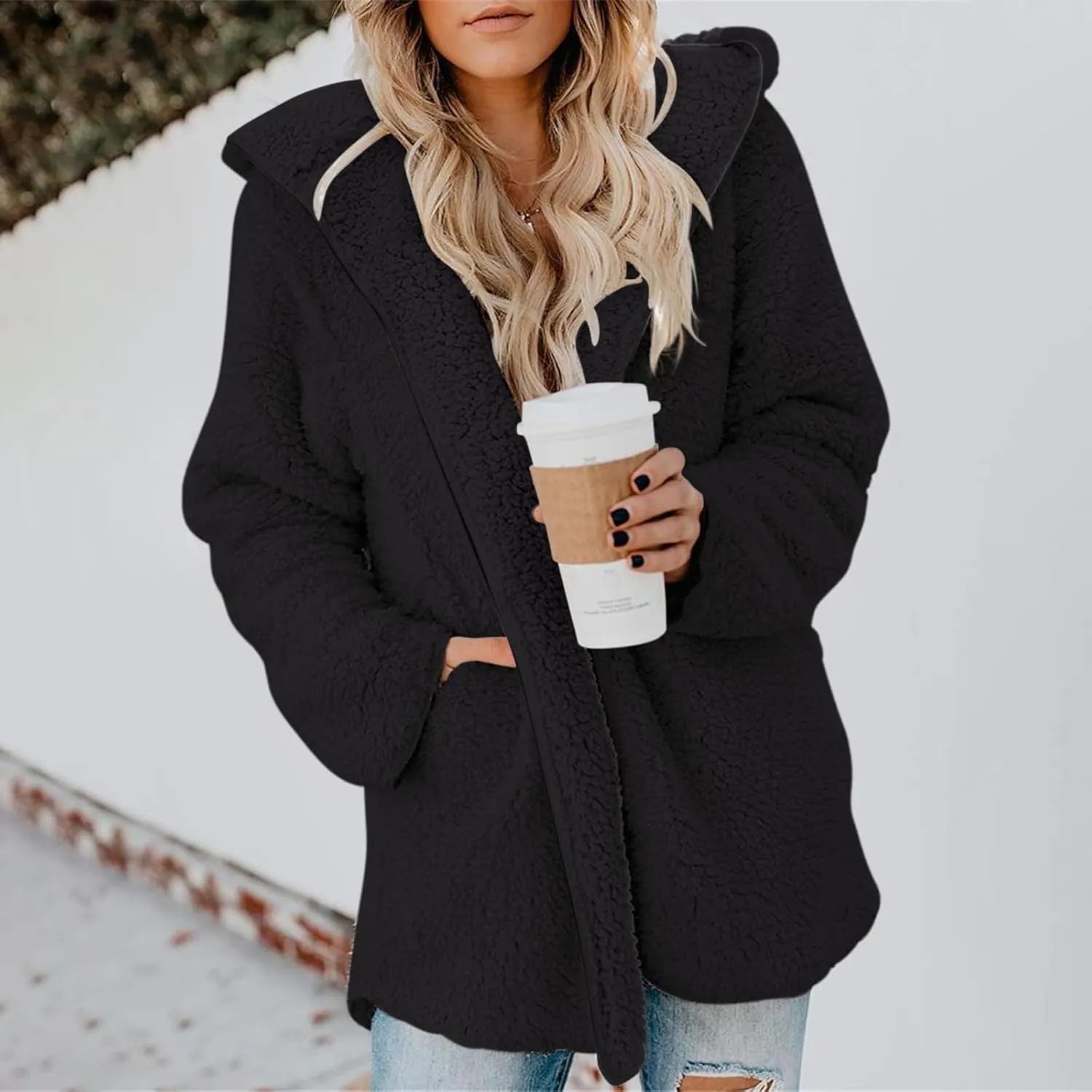 Women Sherpa Jacket Oversized Fleece Jacket Fall Teddy Bear Coat with Pockets Plus Size Open Front Hooded Cardigan