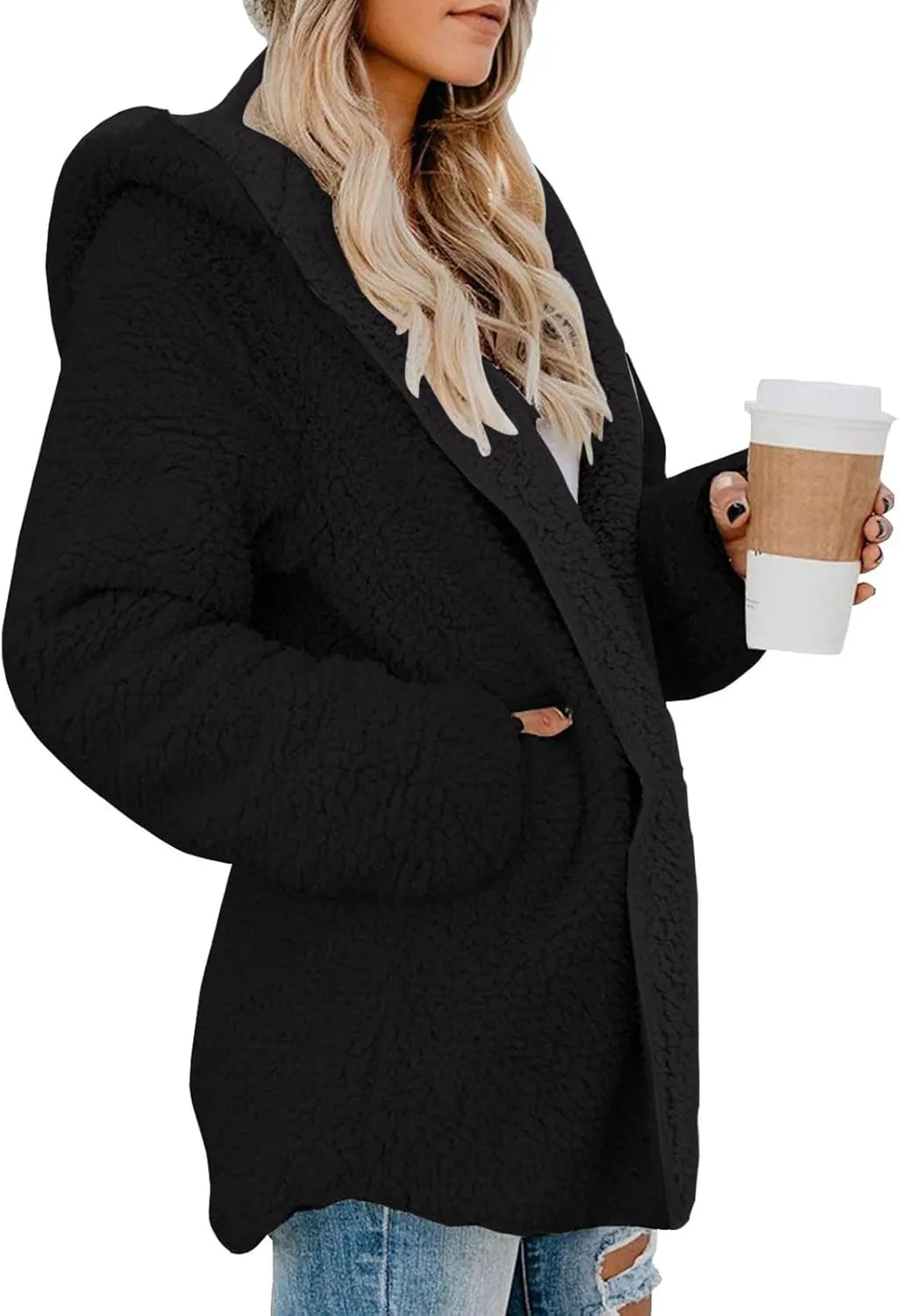 Women Sherpa Jacket Oversized Fleece Jacket Fall Teddy Bear Coat with Pockets Plus Size Open Front Hooded Cardigan