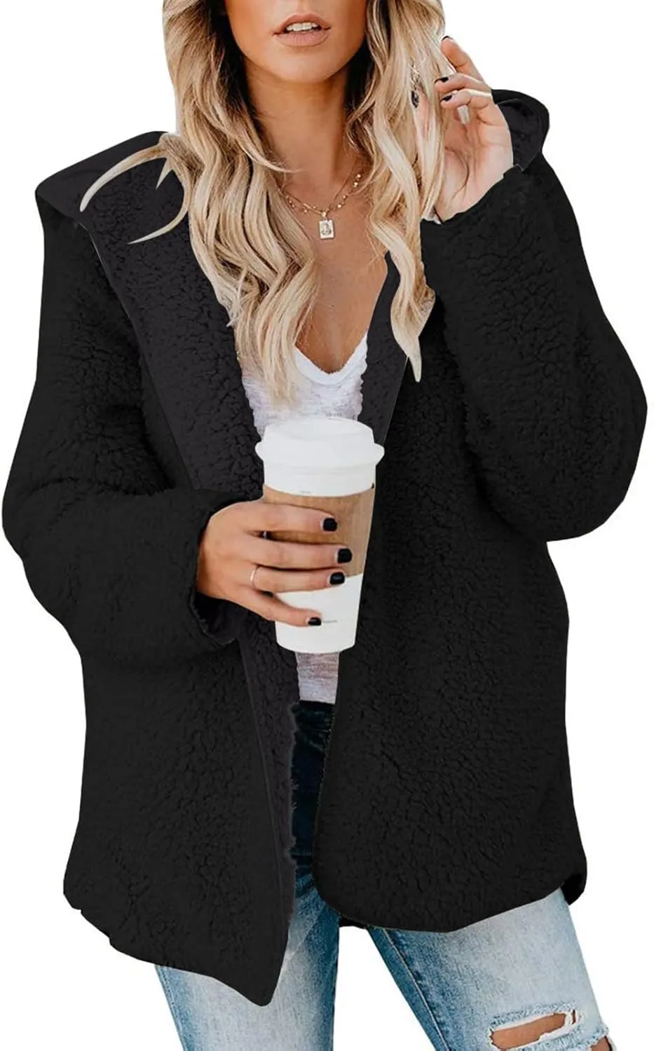 Women Sherpa Jacket Oversized Fleece Jacket Fall Teddy Bear Coat with Pockets Plus Size Open Front Hooded Cardigan