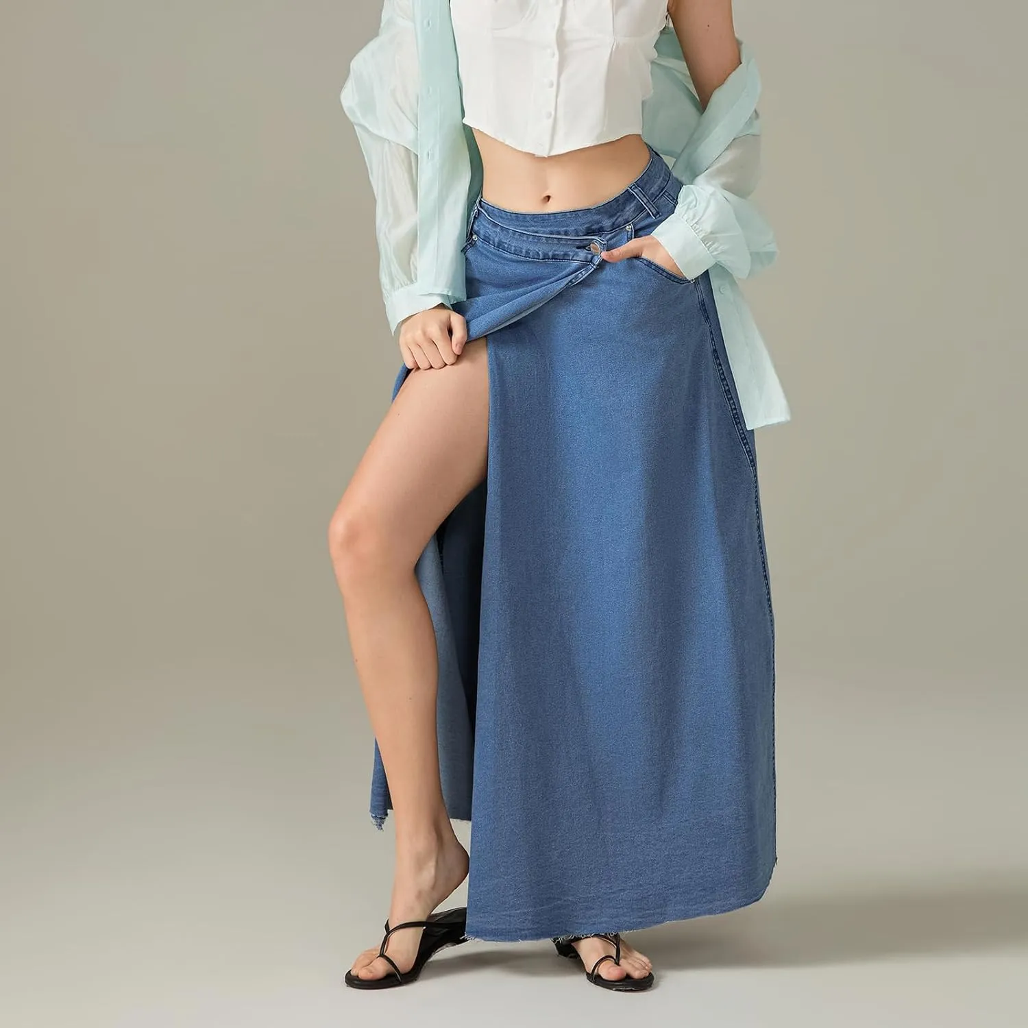 Women Slit Denim Maxi Skirt High Waist Split A-Line Pencil Long Jean Skirt Slim Fit Vintage Cargo Y2k Jean Skirt
