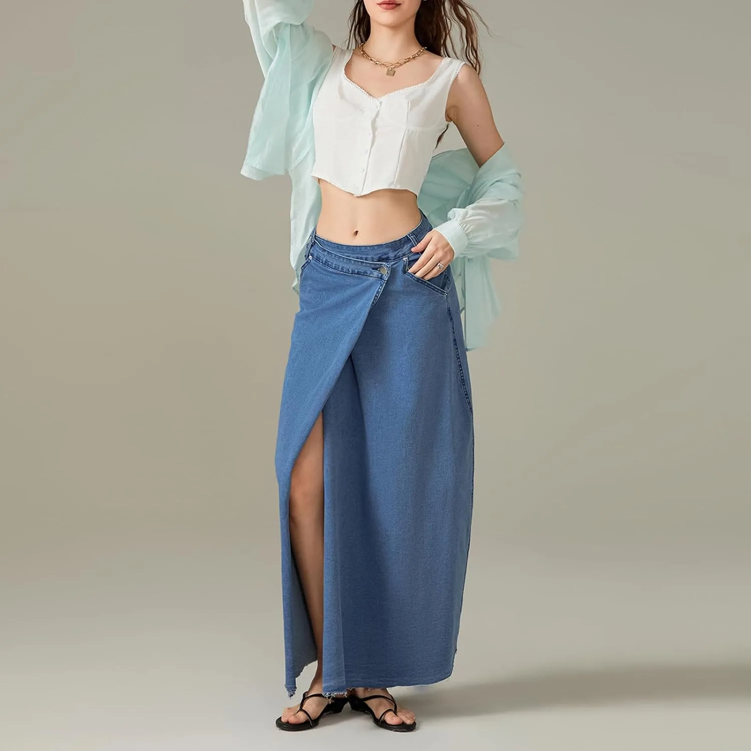 Women Slit Denim Maxi Skirt High Waist Split A-Line Pencil Long Jean Skirt Slim Fit Vintage Cargo Y2k Jean Skirt