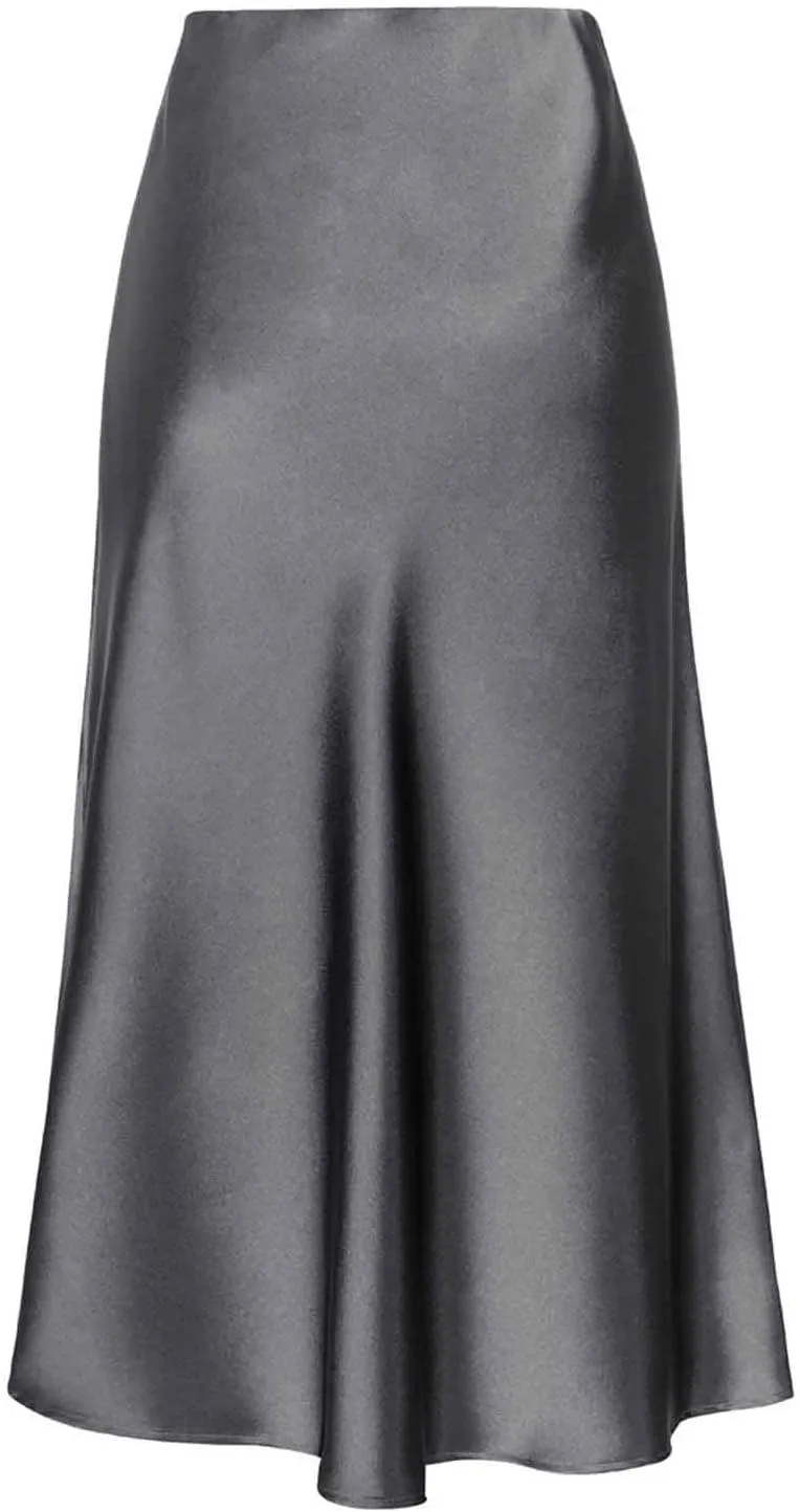 Women Slit Side Satin Midi Skirt Elegant High Waist Dressy Pencil Skirts Summer Lightweight Casual Dressy Work Skirt