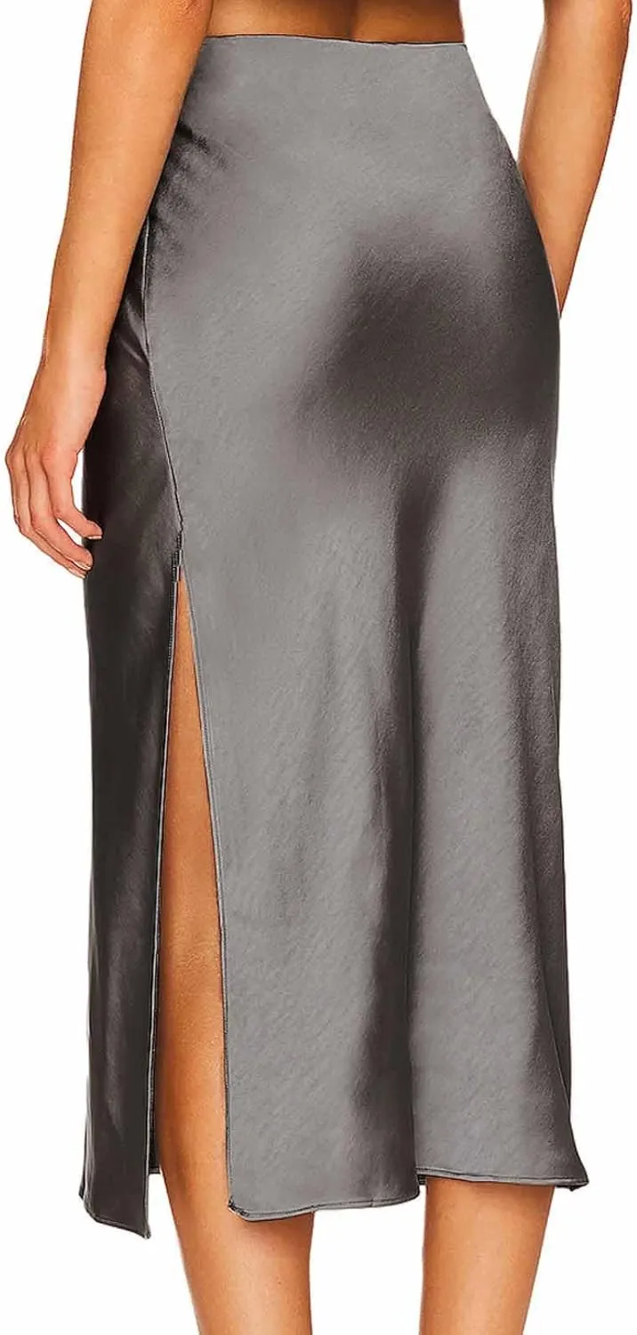 Women Slit Side Satin Midi Skirt Elegant High Waist Dressy Pencil Skirts Summer Lightweight Casual Dressy Work Skirt