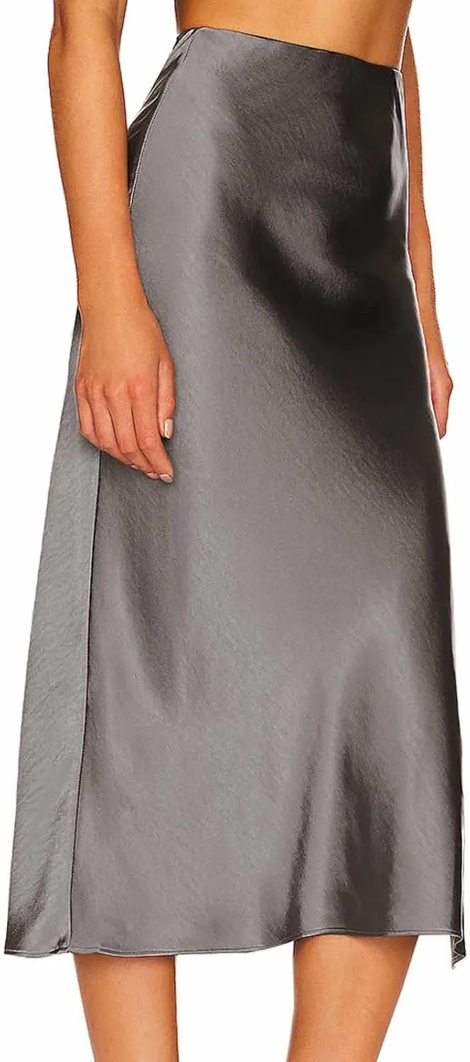Women Slit Side Satin Midi Skirt Elegant High Waist Dressy Pencil Skirts Summer Lightweight Casual Dressy Work Skirt
