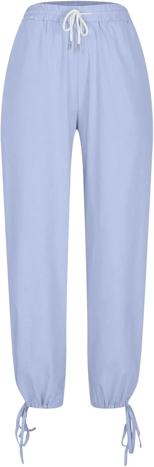 Women Spring Summer Linen Pants Lightweight Drawstring Waist Palazzo Trousers Casual Lace Up Hem Loose Baggy Slacks