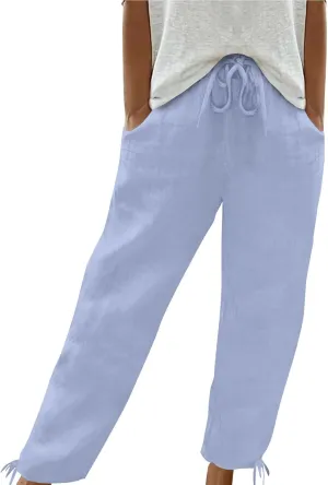 Women Spring Summer Linen Pants Lightweight Drawstring Waist Palazzo Trousers Casual Lace Up Hem Loose Baggy Slacks