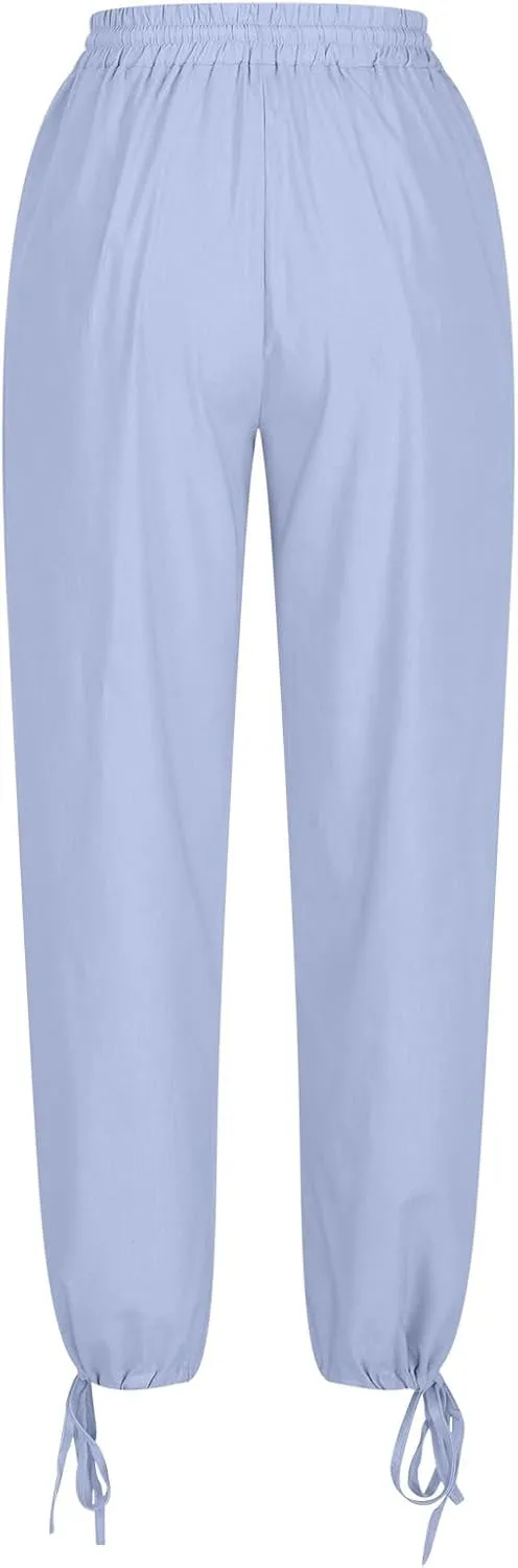 Women Spring Summer Linen Pants Lightweight Drawstring Waist Palazzo Trousers Casual Lace Up Hem Loose Baggy Slacks