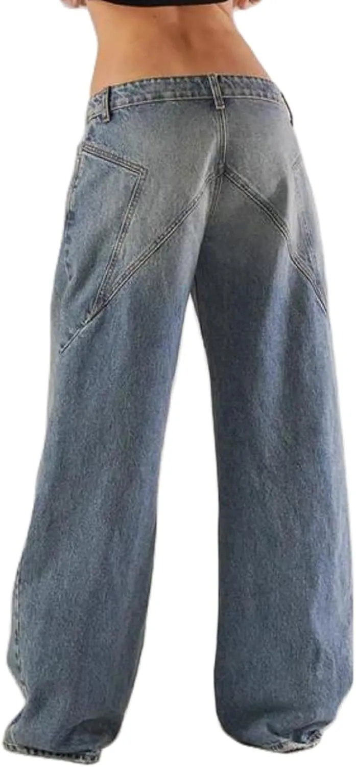 Women Straight Leg Boyfriend Jeans Low Waist Wide Leg Baggy Jeans Vintage Denim Pants