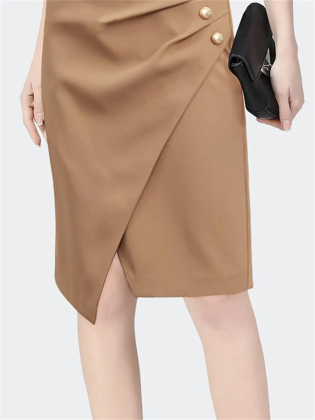 Women Straight Midi Skirt High Waist Solid Color Slit Design Pencil Elegant Skirts
