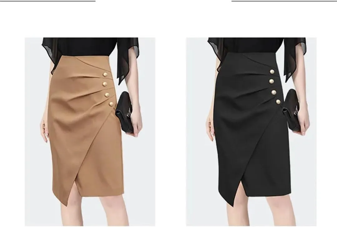 Women Straight Midi Skirt High Waist Solid Color Slit Design Pencil Elegant Skirts
