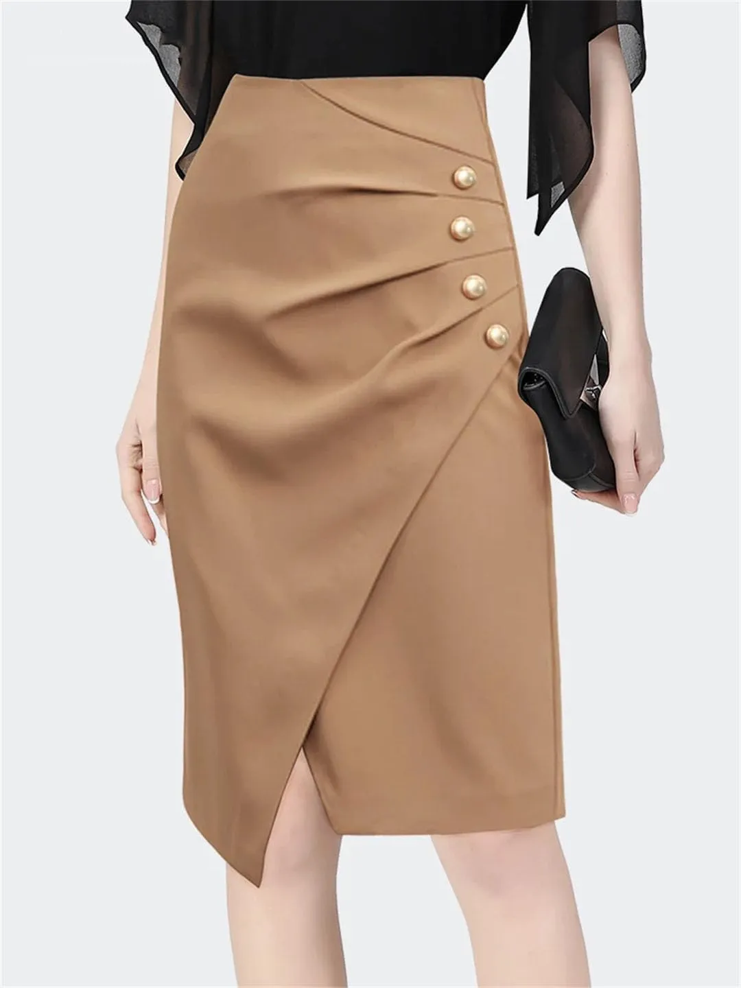 Women Straight Midi Skirt High Waist Solid Color Slit Design Pencil Elegant Skirts