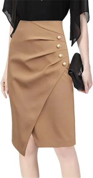 Women Straight Midi Skirt High Waist Solid Color Slit Design Pencil Elegant Skirts