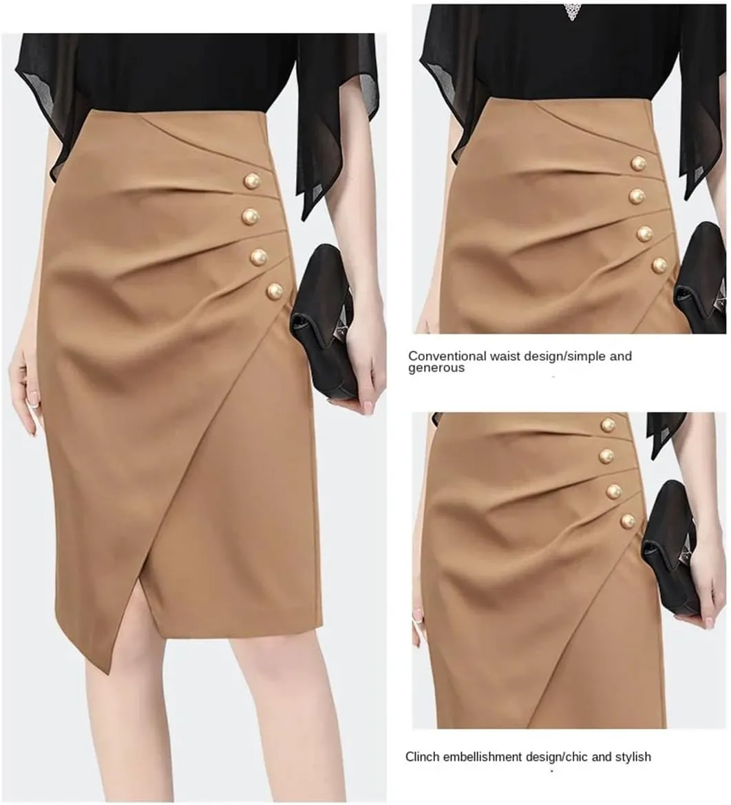 Women Straight Midi Skirt High Waist Solid Color Slit Design Pencil Elegant Skirts