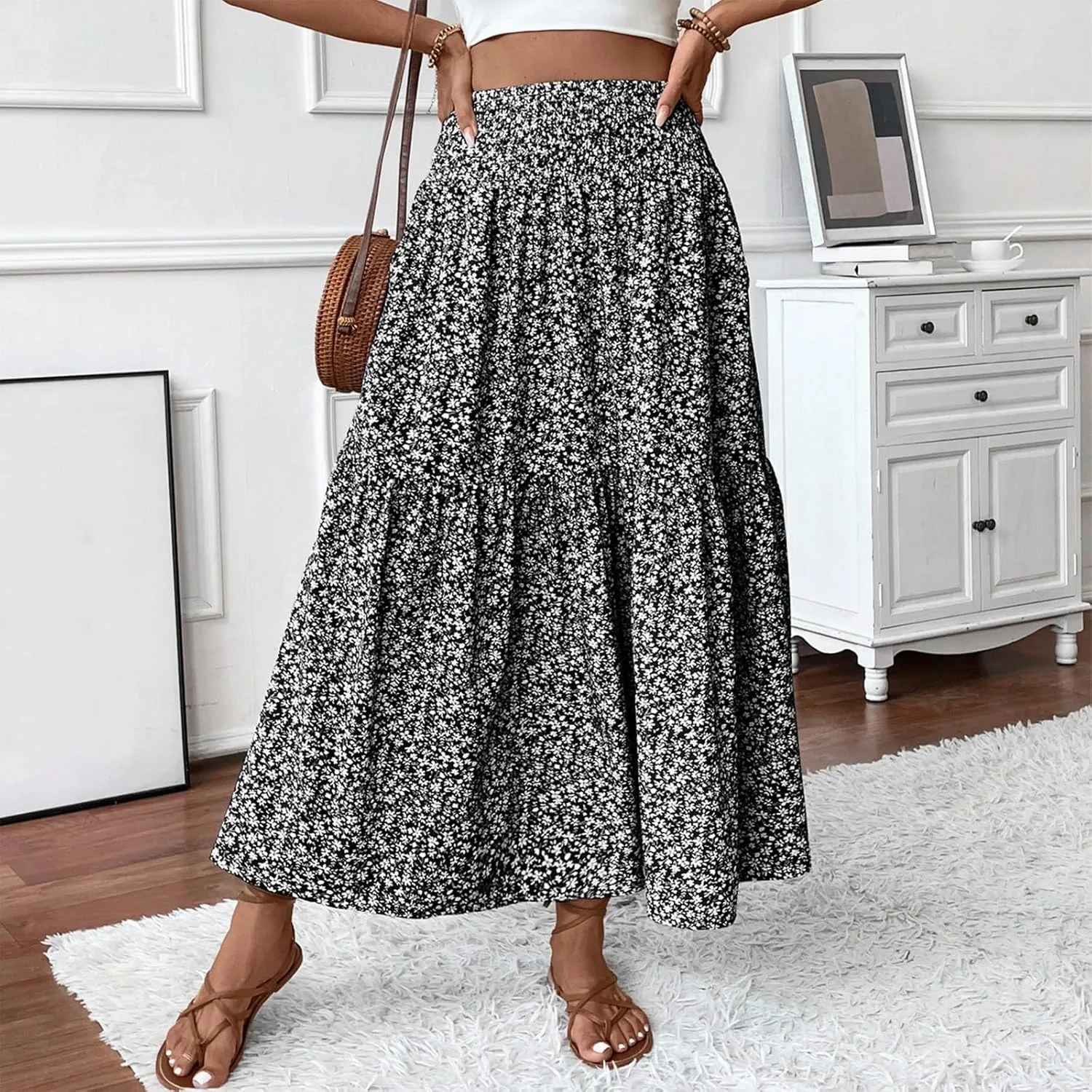 Women Summer Boho Floral Smocked Elastic High Waist Flowy Swing Pleated Maxi Skirts Vacation Printed A-Line Long Skirts
