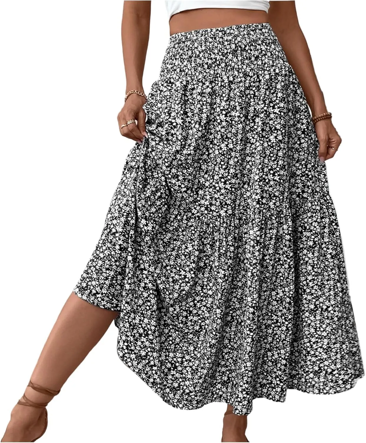 Women Summer Boho Floral Smocked Elastic High Waist Flowy Swing Pleated Maxi Skirts Vacation Printed A-Line Long Skirts
