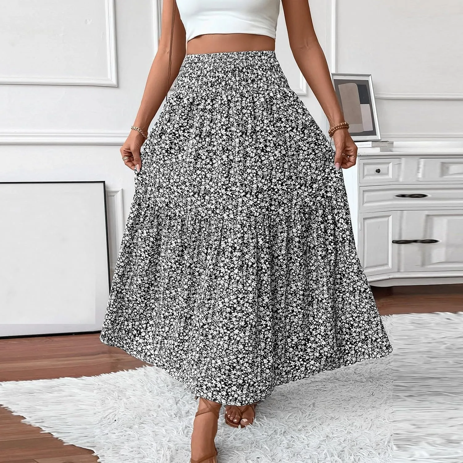 Women Summer Boho Floral Smocked Elastic High Waist Flowy Swing Pleated Maxi Skirts Vacation Printed A-Line Long Skirts