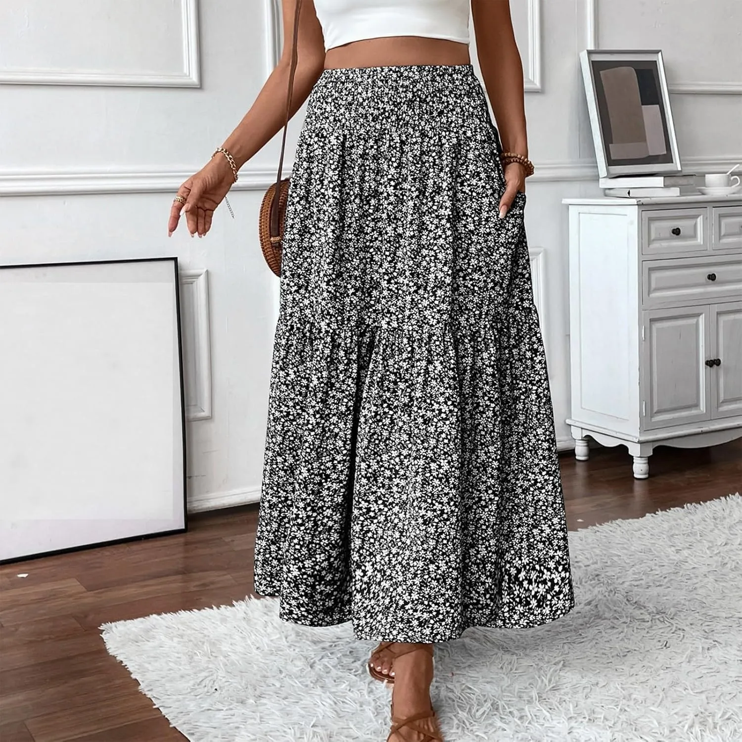 Women Summer Boho Floral Smocked Elastic High Waist Flowy Swing Pleated Maxi Skirts Vacation Printed A-Line Long Skirts