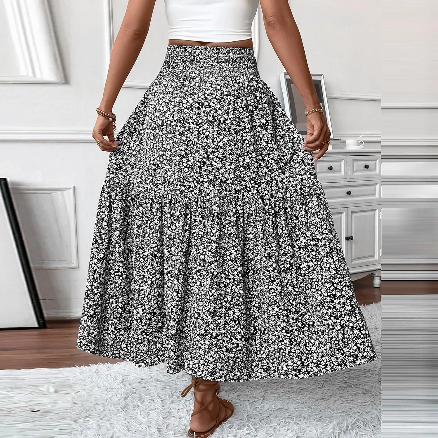 Women Summer Boho Floral Smocked Elastic High Waist Flowy Swing Pleated Maxi Skirts Vacation Printed A-Line Long Skirts