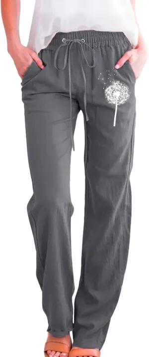 Women Summer Suitable Loose Drawstring Elastic High Waist Comfy Trousers Straight Leg Long Cropped Pants Women Casual
