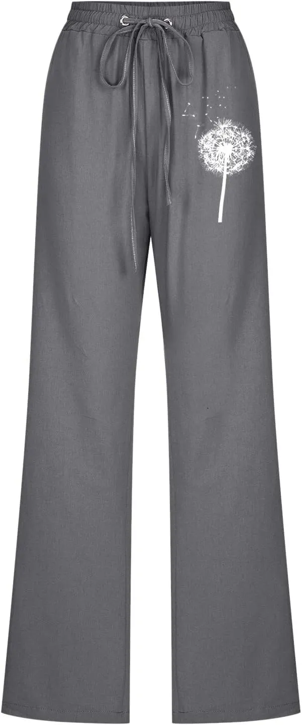 Women Summer Suitable Loose Drawstring Elastic High Waist Comfy Trousers Straight Leg Long Cropped Pants Women Casual