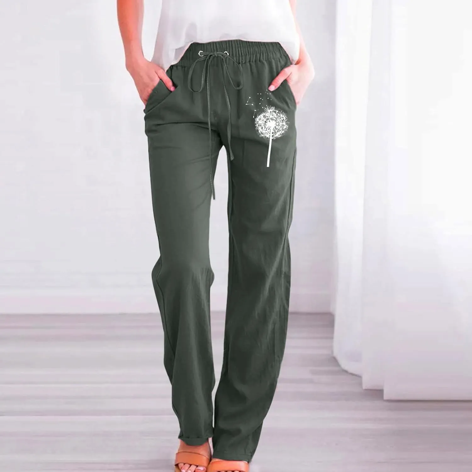 Women Summer Suitable Loose Drawstring Elastic High Waist Comfy Trousers Straight Leg Long Cropped Pants Women Casual