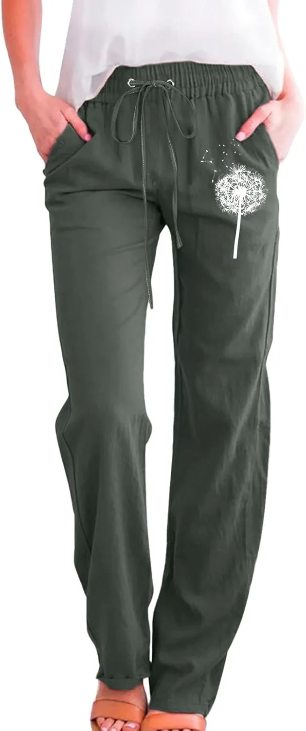 Women Summer Suitable Loose Drawstring Elastic High Waist Comfy Trousers Straight Leg Long Cropped Pants Women Casual