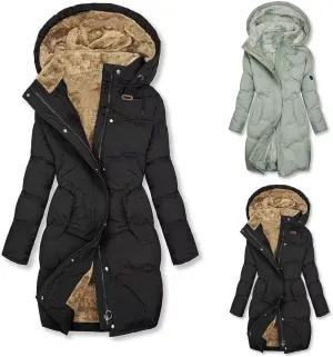 Women Thick Winter Jacket Fleece Lined Down Coat Drawstring Waist Jacket Hooded Parka Coat Warm Outerwear with Pockets