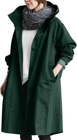 Women Waterproof Raincoat Long Hooded Windbreaker Trench Jacket Plus Size Button down Jacket Rain Jackets