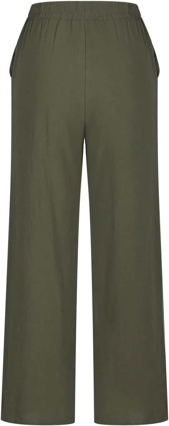 Women Wide Leg Linen Pants High Waisted Summer Cotton Linen Palazzo Pant Slacks Trousers Vacation Outfits with Pockets