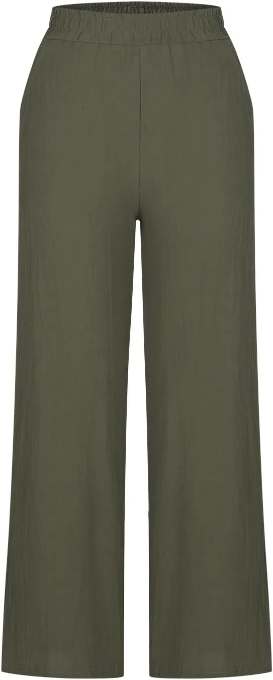 Women Wide Leg Linen Pants High Waisted Summer Cotton Linen Palazzo Pant Slacks Trousers Vacation Outfits with Pockets