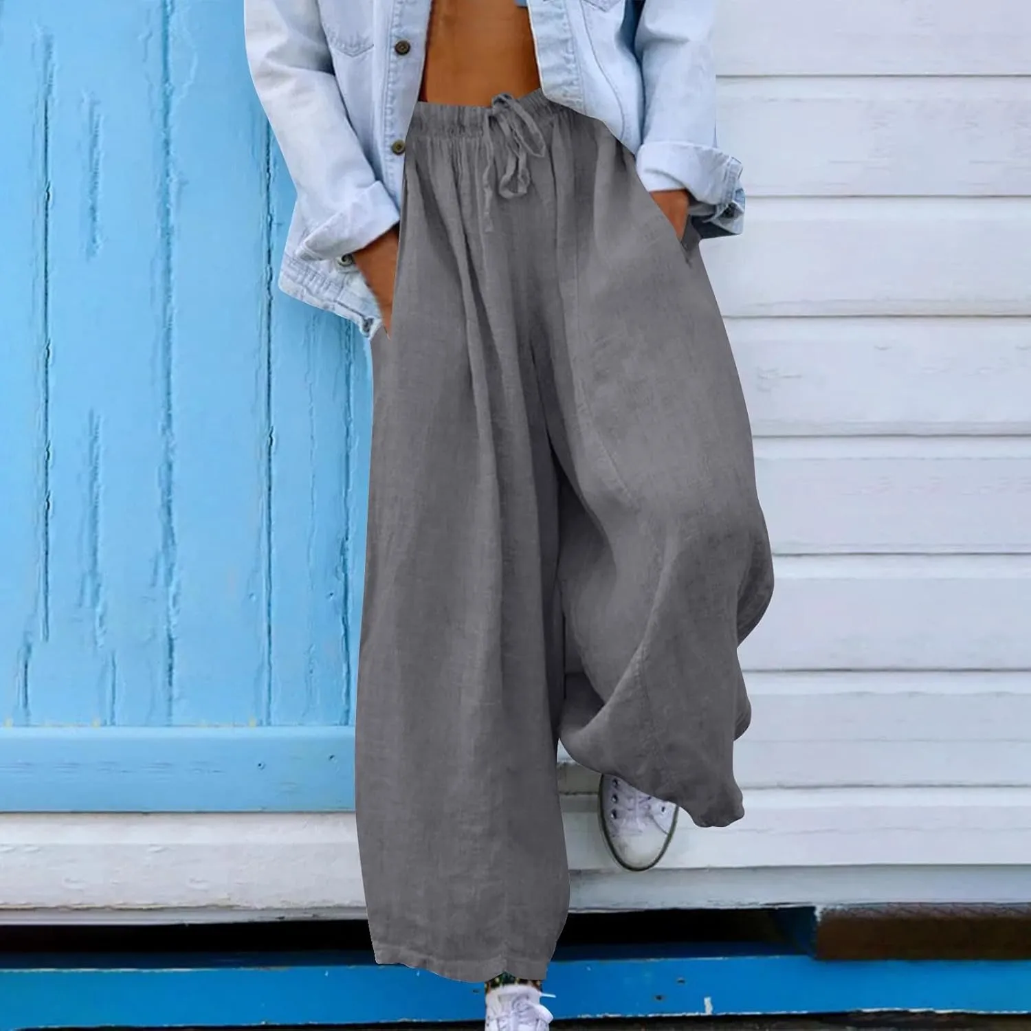 Women Wide Leg Palazzo Pants 2025 Summer Casual Loose Cotton Linen Pant Spring High Waist Flowy Beach Trousers Outfits