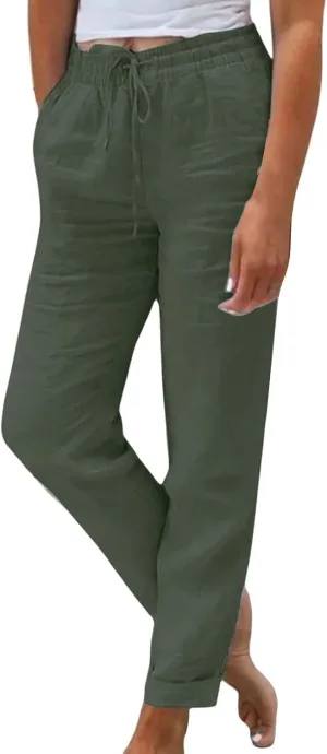 Women Wide Leg Pants Ladies Summer Elastic High Waist Solid Color Cotton Linen Wide Leg Loose Pants Summer Palazzo