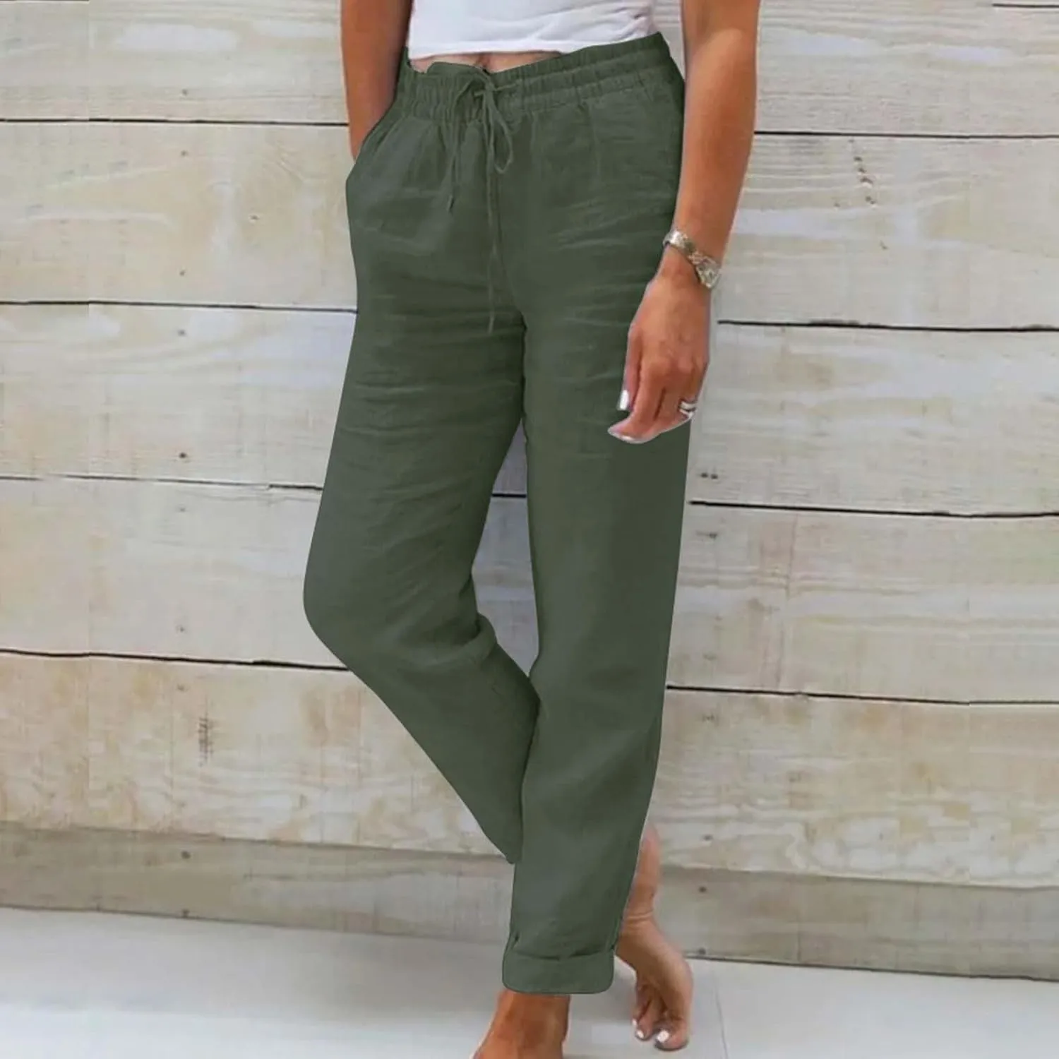 Women Wide Leg Pants Ladies Summer Elastic High Waist Solid Color Cotton Linen Wide Leg Loose Pants Summer Palazzo