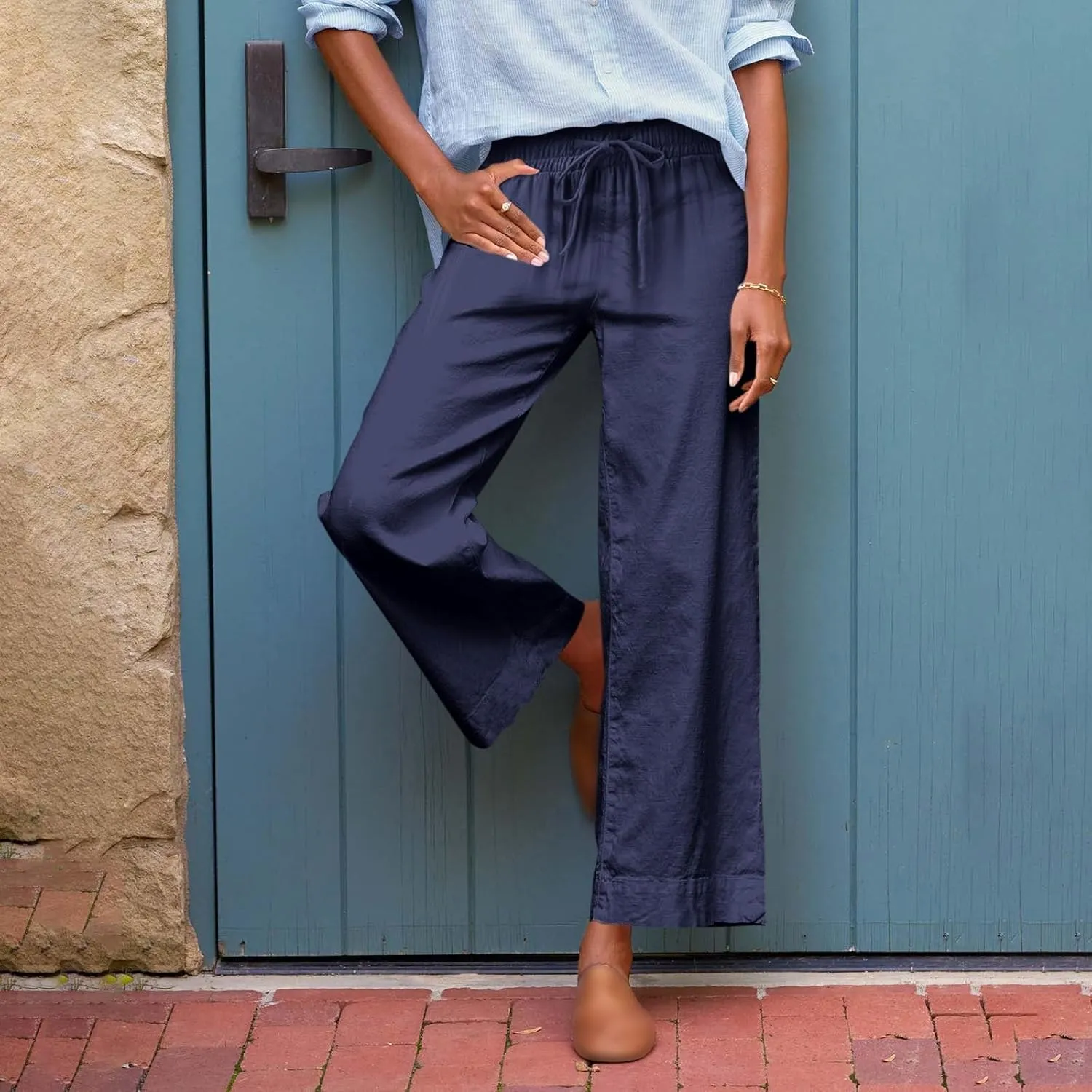 Women Wide Leg Pants, Straight High Waisted Wide Legs Trousers Casual Summer Cotton Linen Palazzo Pants with Pockets
