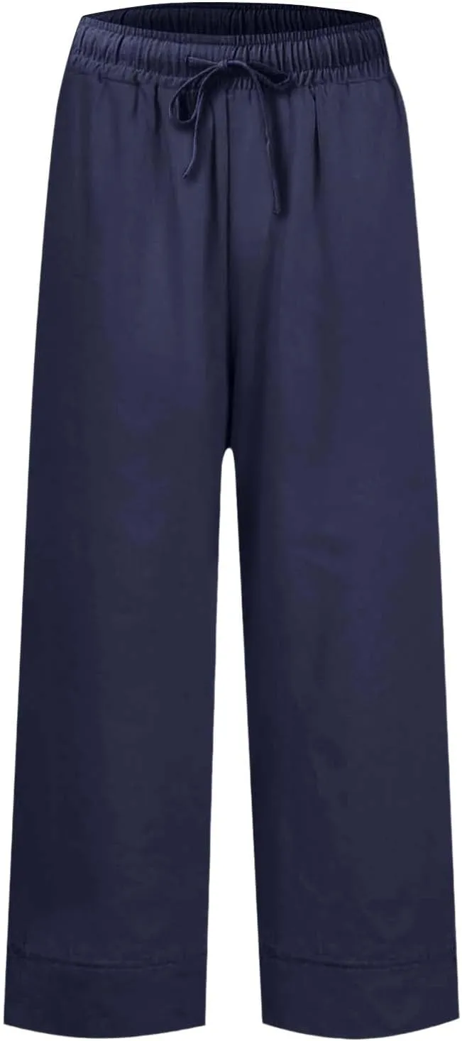 Women Wide Leg Pants, Straight High Waisted Wide Legs Trousers Casual Summer Cotton Linen Palazzo Pants with Pockets