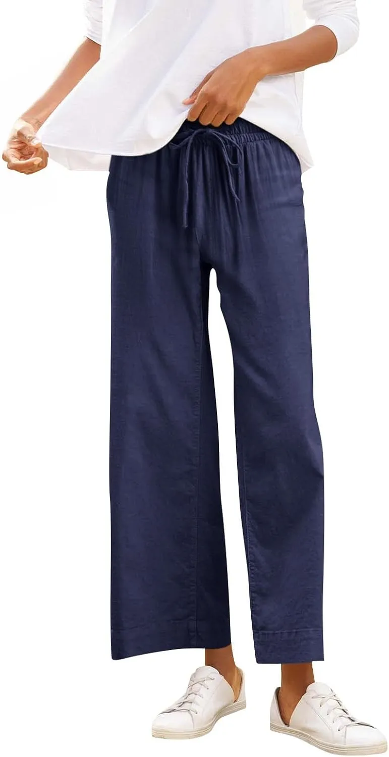 Women Wide Leg Pants, Straight High Waisted Wide Legs Trousers Casual Summer Cotton Linen Palazzo Pants with Pockets
