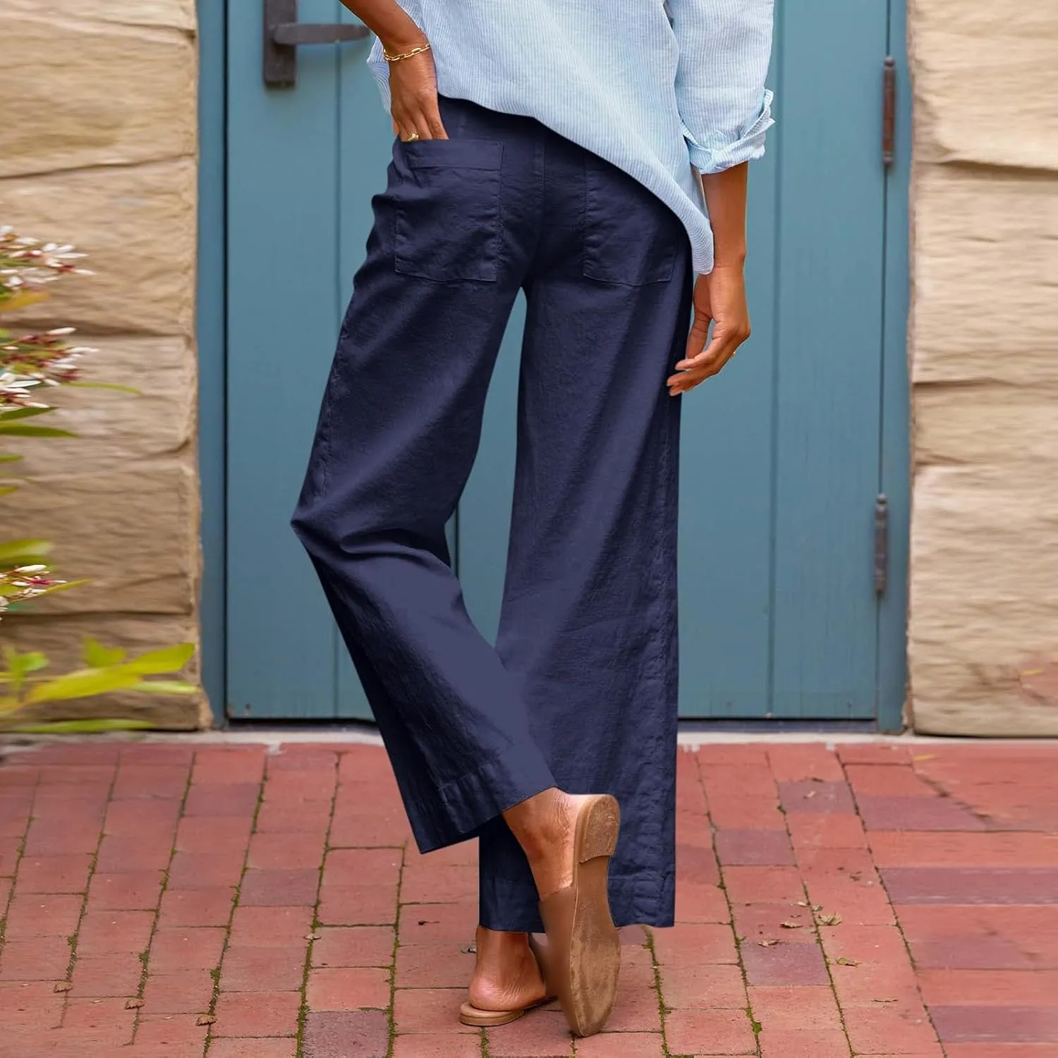 Women Wide Leg Pants, Straight High Waisted Wide Legs Trousers Casual Summer Cotton Linen Palazzo Pants with Pockets