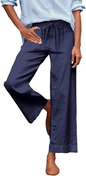Women Wide Leg Pants, Straight High Waisted Wide Legs Trousers Casual Summer Cotton Linen Palazzo Pants with Pockets