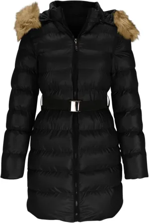Women Winter Thicken Quilted Puffer Jacket Warm Padded Cotton Coat Zip Belted Down Outwear with Faux Fur Removable Hood