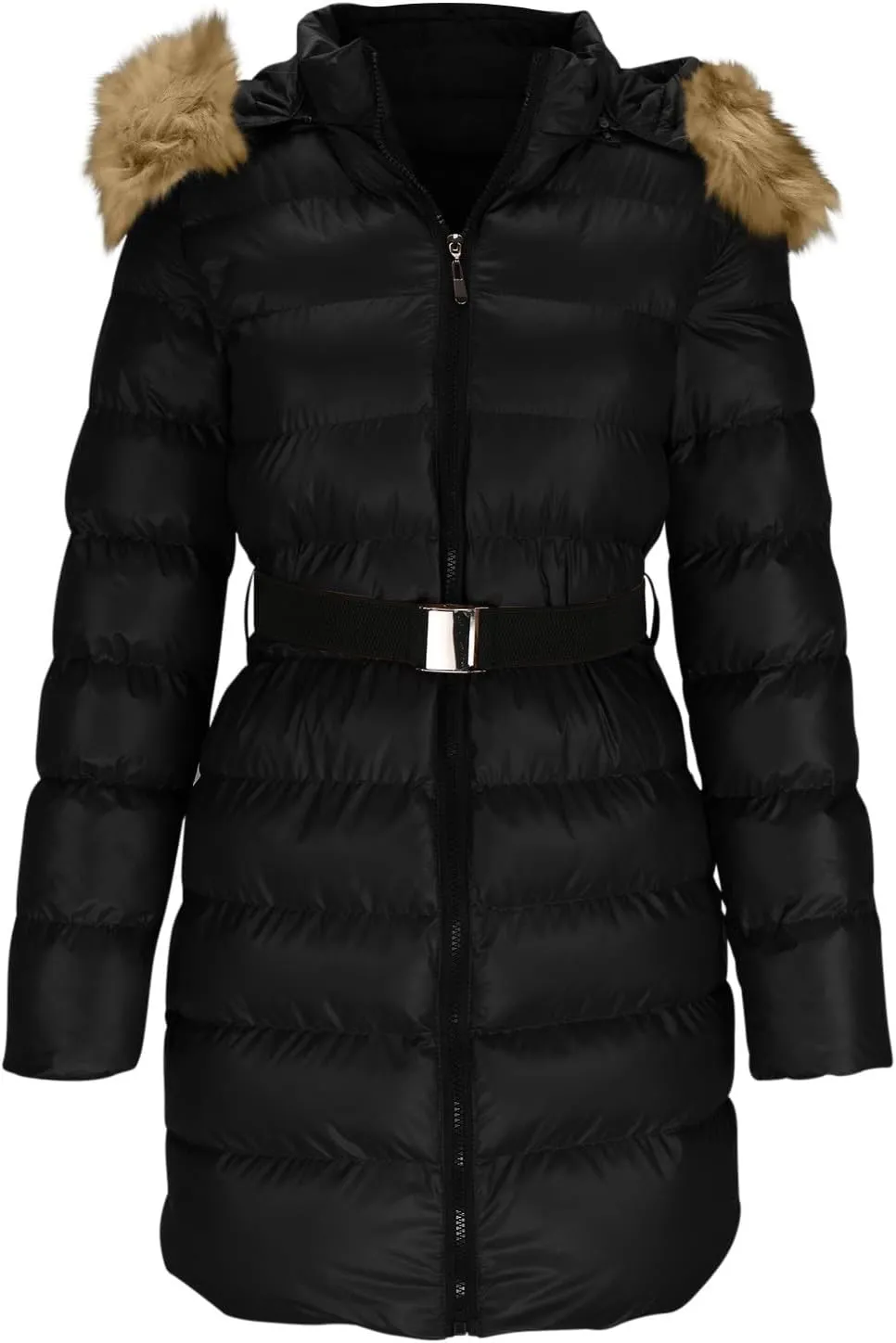 Women Winter Thicken Quilted Puffer Jacket Warm Padded Cotton Coat Zip Belted Down Outwear with Faux Fur Removable Hood
