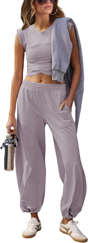 Womens 2 Piece Sweatsuits Sets Casual Workout Cropped Tee Top High Rise Sweatpants Athletic Tracksuits
