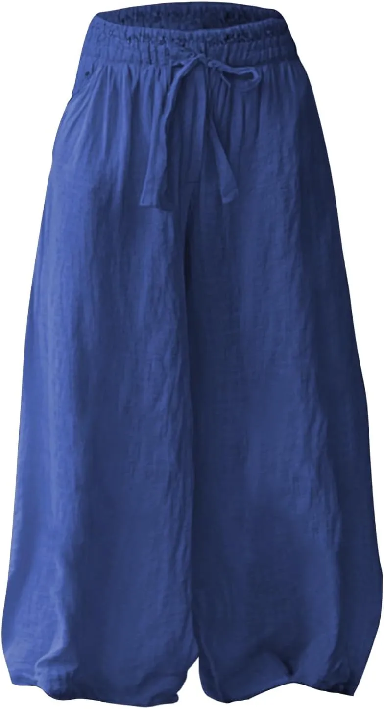 Women's 2025 Linen Palazzo Pants High-Waisted Wide Leg with Side Pockets Summer Beach Lounge Trousers