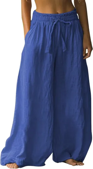 Women's 2025 Linen Palazzo Pants High-Waisted Wide Leg with Side Pockets Summer Beach Lounge Trousers