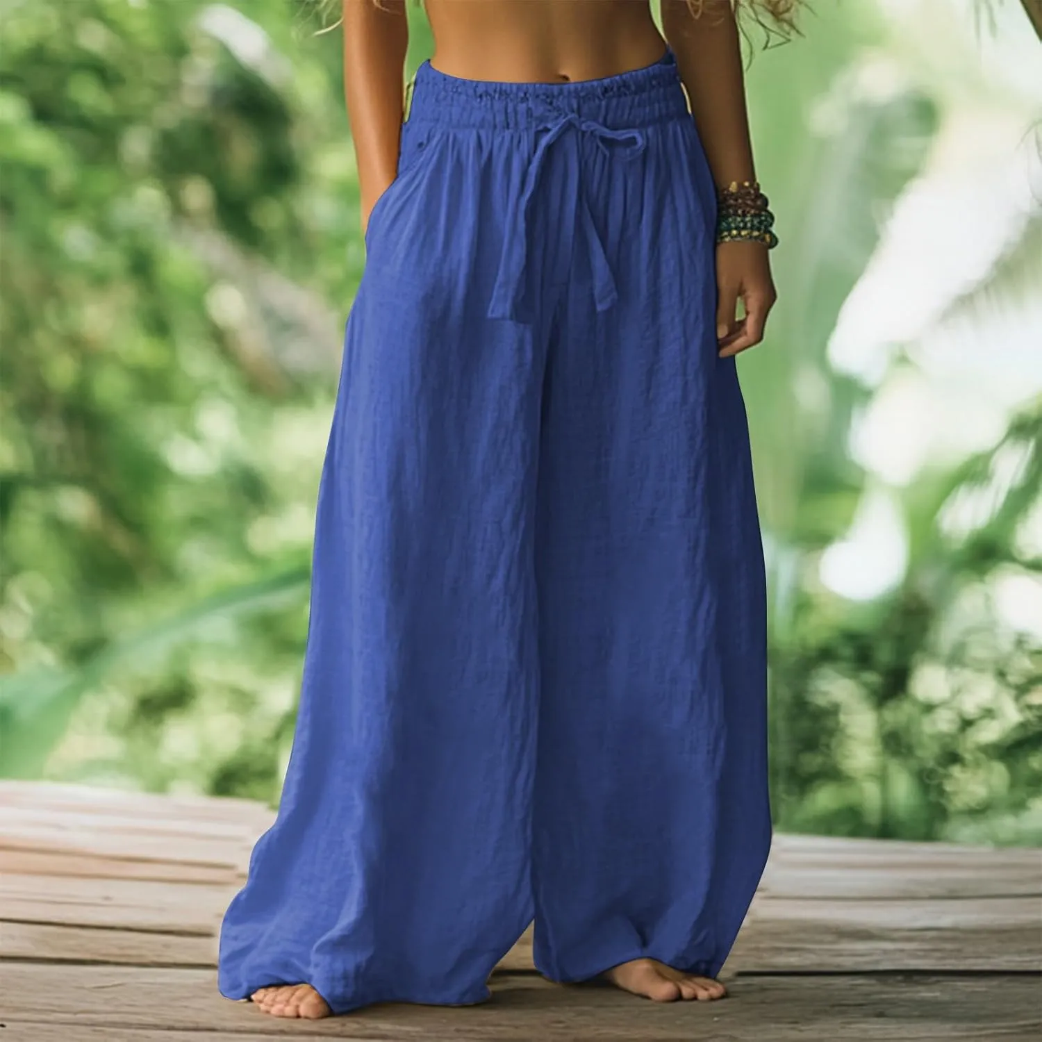 Women's 2025 Linen Palazzo Pants High-Waisted Wide Leg with Side Pockets Summer Beach Lounge Trousers